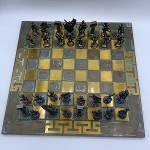 Vintage Greek Mythology Handcrafted Pewter Oxidized Brass Chess Set